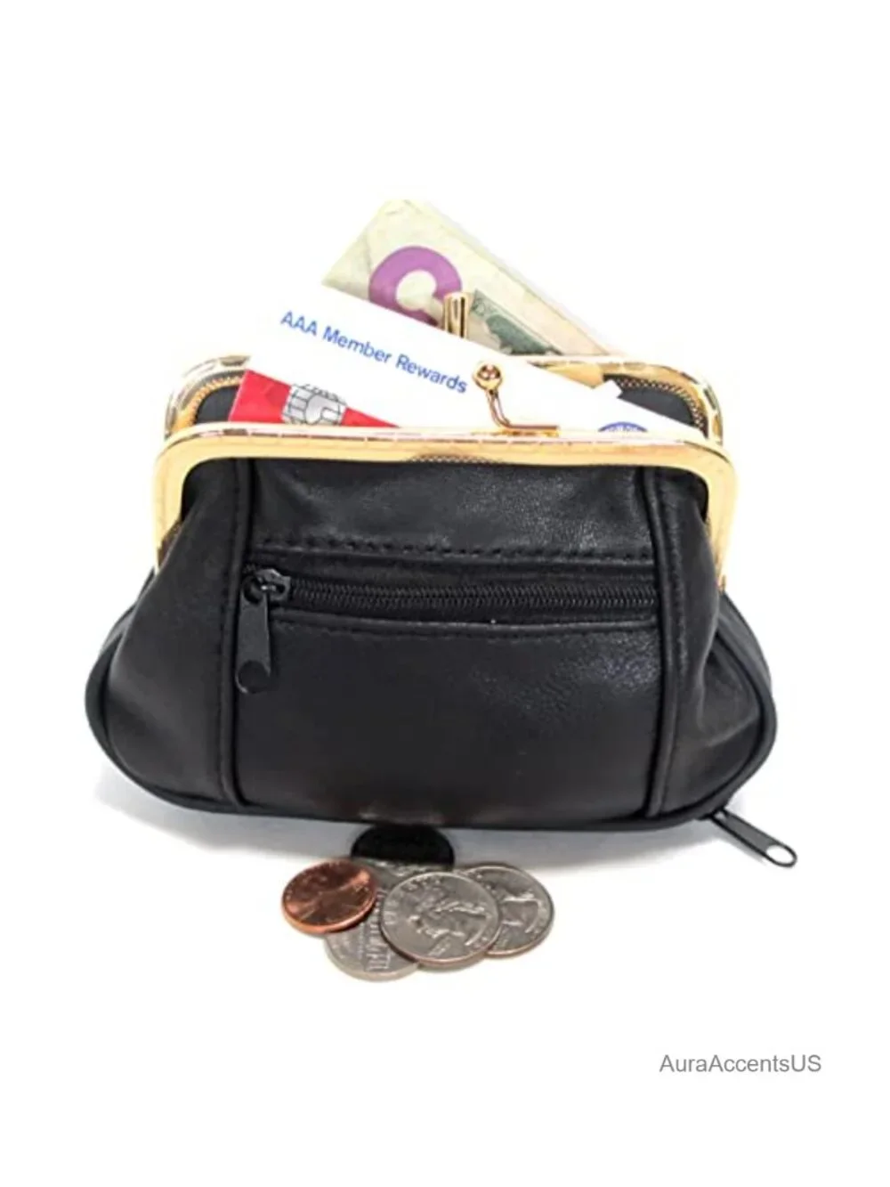 Genuine Leather Mini Wallet with Framed & Zipper Closures